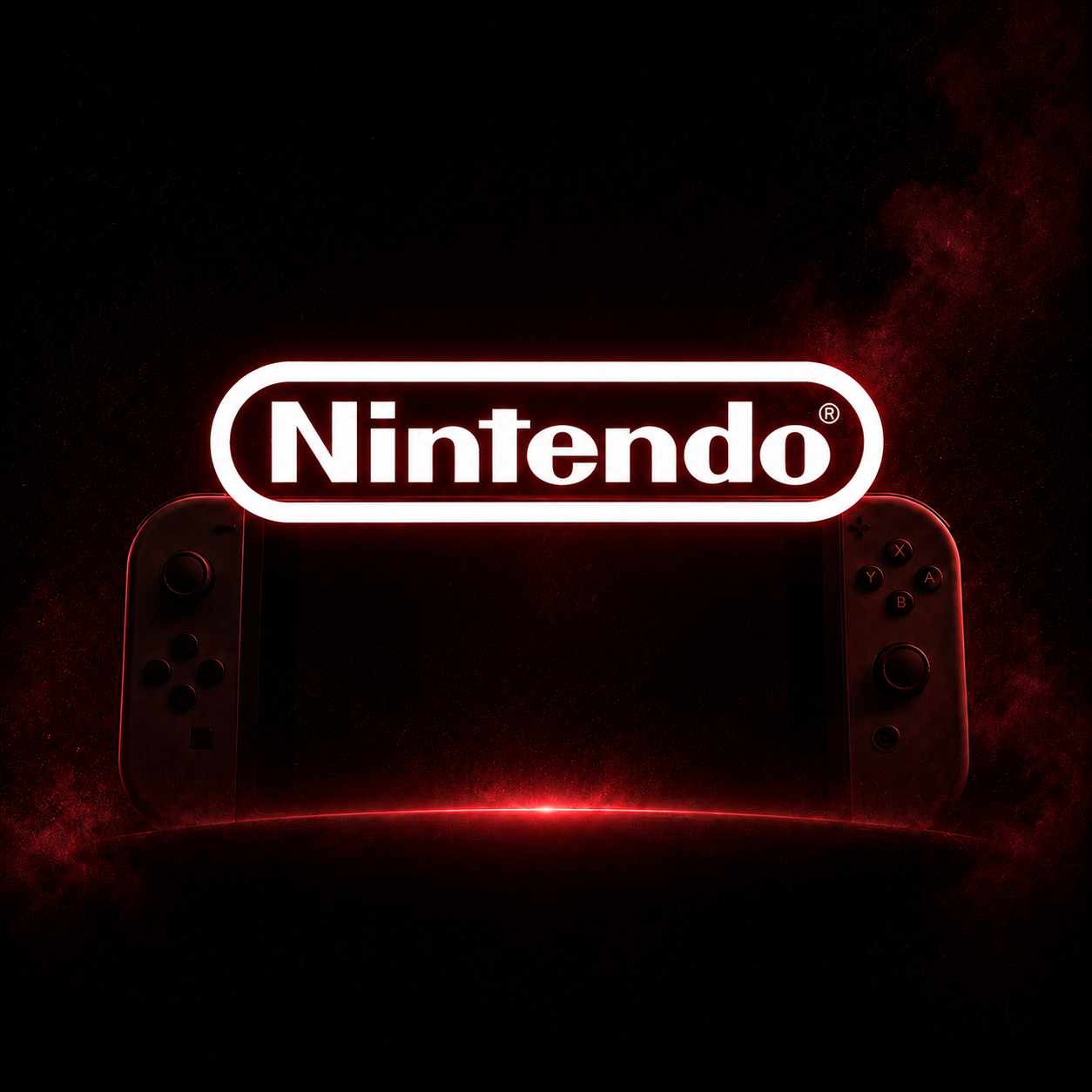 Nintendo Switch 2 console silhouette with glowing Nintendo logo and cinematic red lighting on a dark background