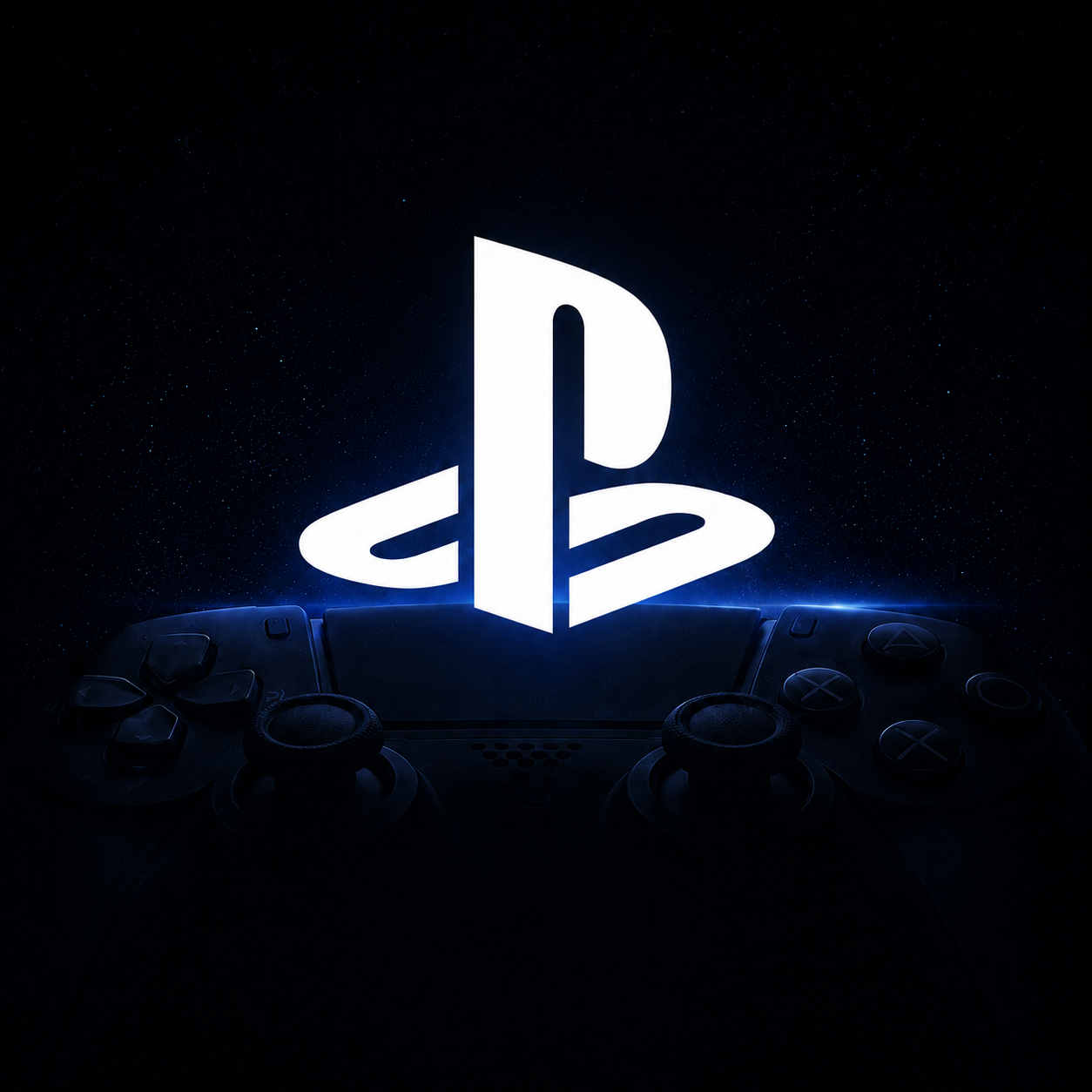 PlayStation logo above a DualSense controller with cinematic blue lighting on a dark background