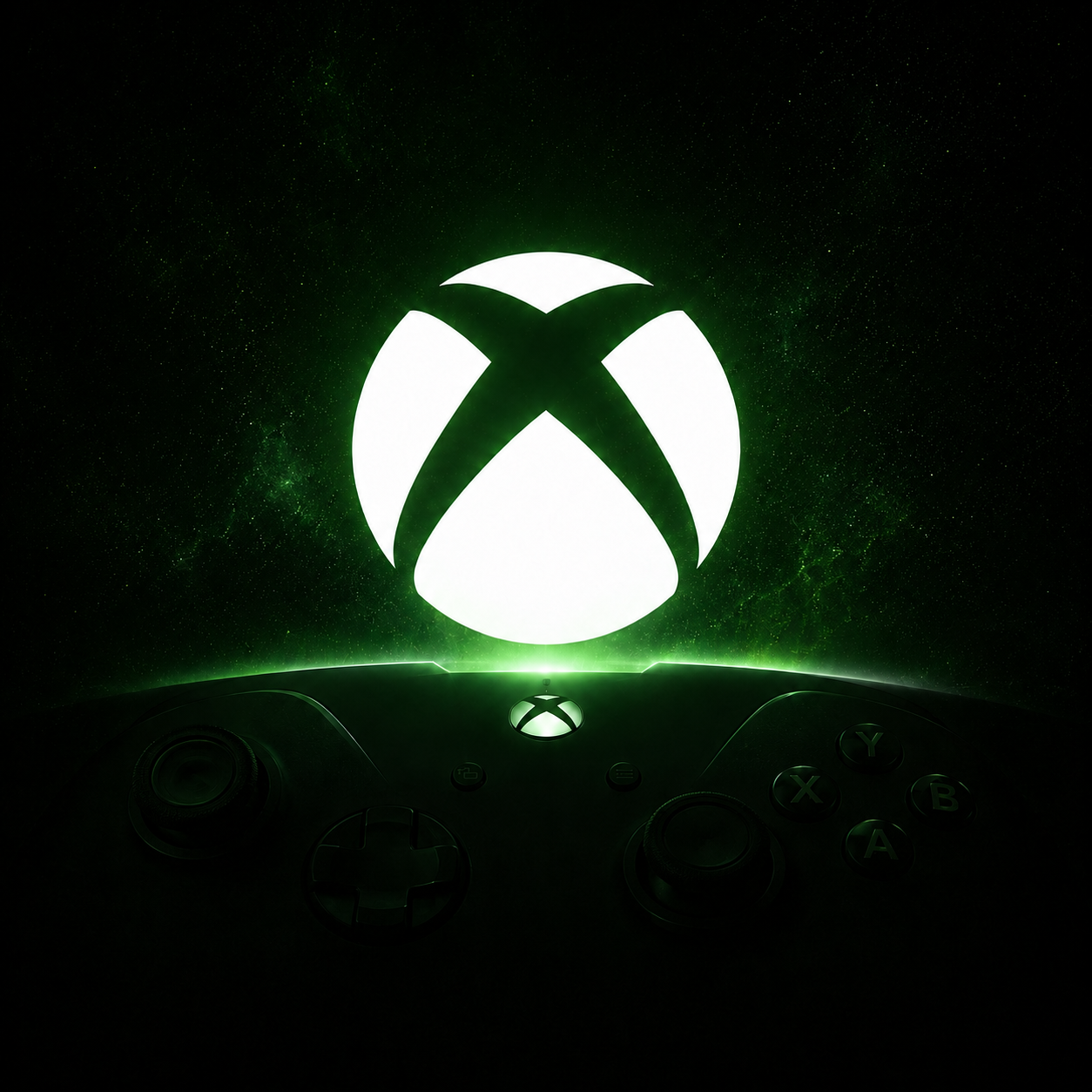 Xbox logo above a gaming controller with cinematic green lighting on a dark background