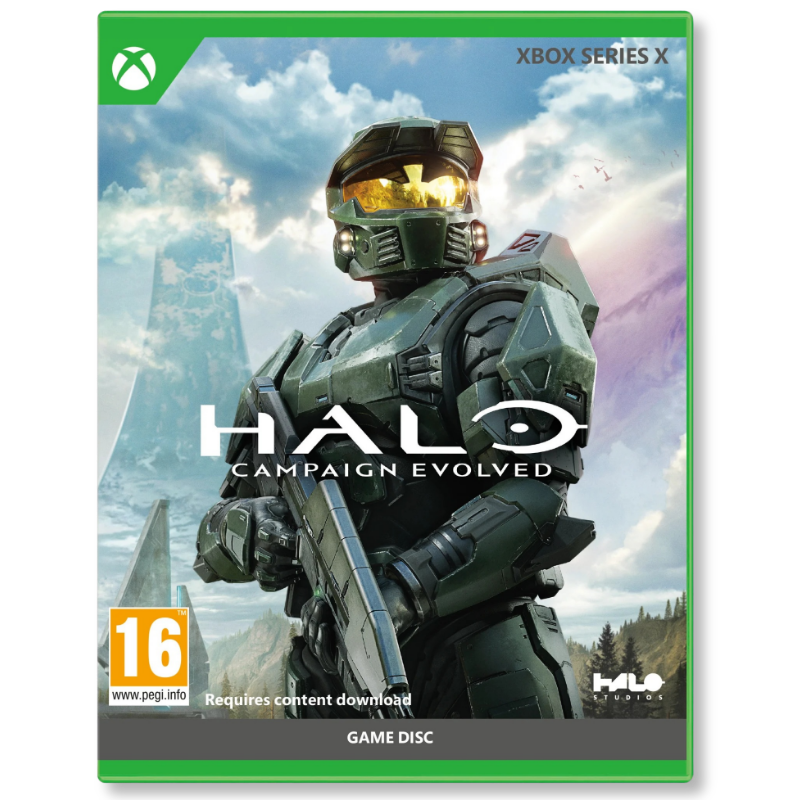 Halo game disc packaging for Xbox Series X with a character in futuristic armor against a scenic background.