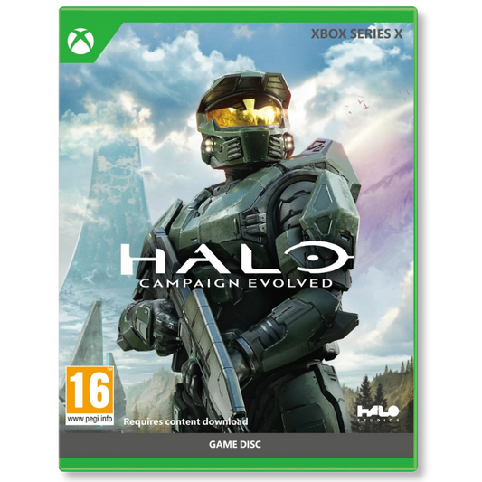 Halo game disc packaging for Xbox Series X with a character in futuristic armor against a scenic background.