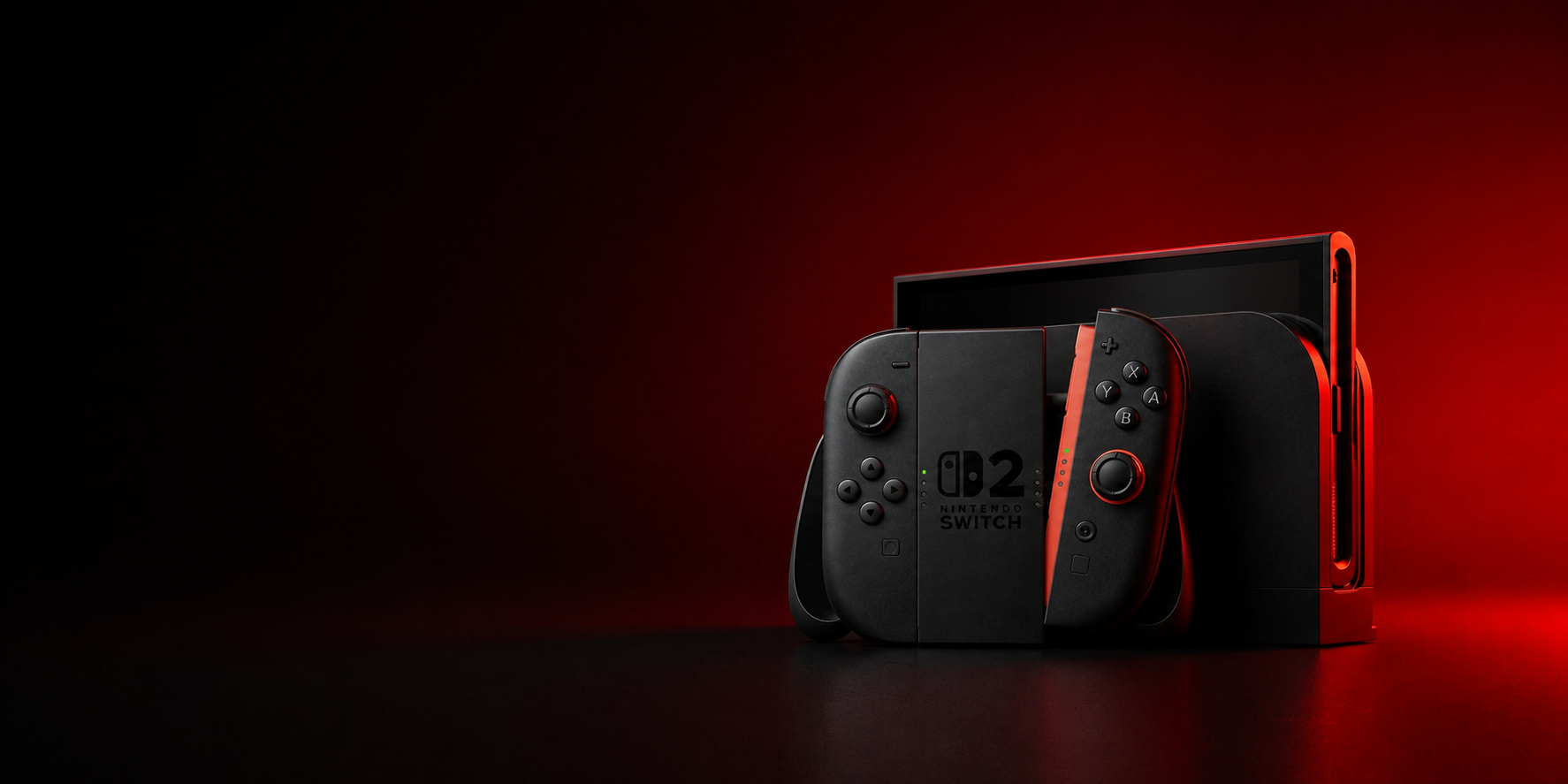 Nintendo desktop hero banner featuring Nintendo Switch 2 with cinematic red lighting and gaming atmosphere