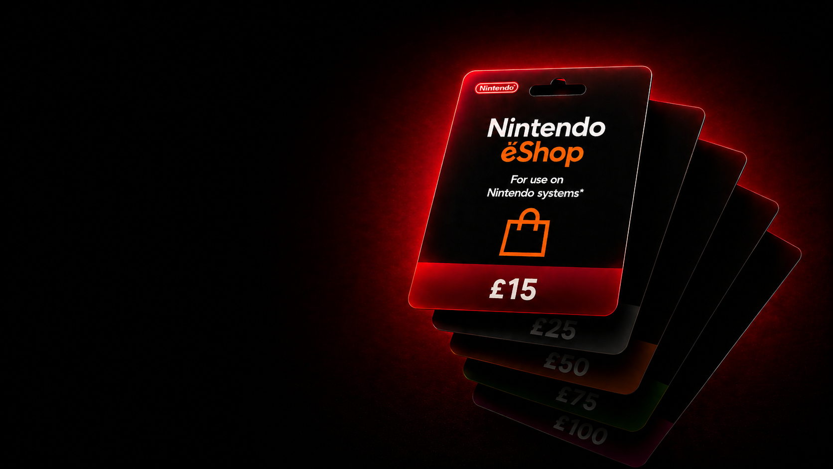 Nintendo eShop digital gift cards hero image with cinematic red lighting and gaming atmosphere
