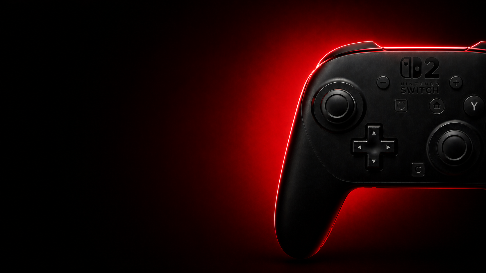 Nintendo Switch 2 accessories hero image with Switch 2 controller in cinematic red lighting and premium gaming atmosphere