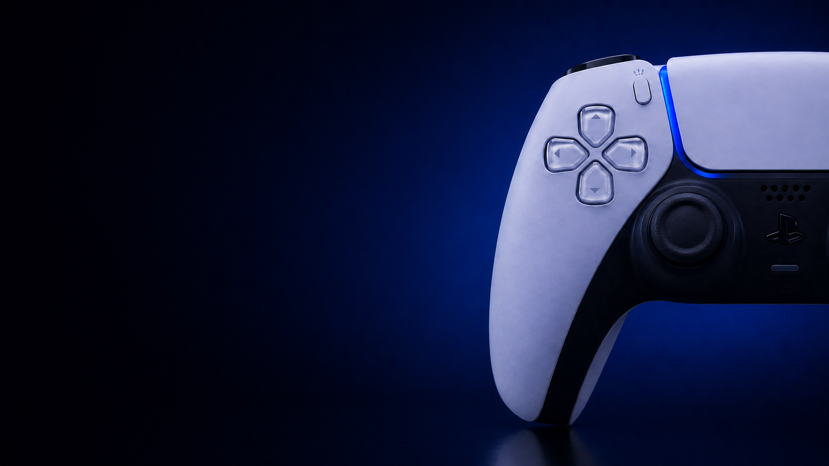 PlayStation 5 DualSense controller hero image for PlayStation 5 accessories collection with cinematic blue lighting and premium gaming atmosphere