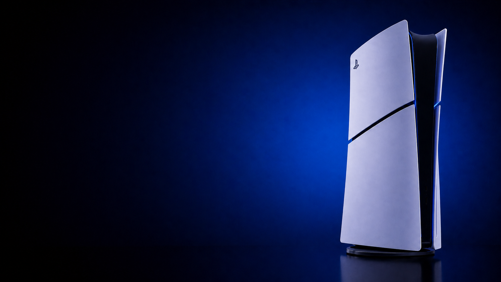 PlayStation 5 console hero image with cinematic blue lighting and futuristic gaming atmosphere