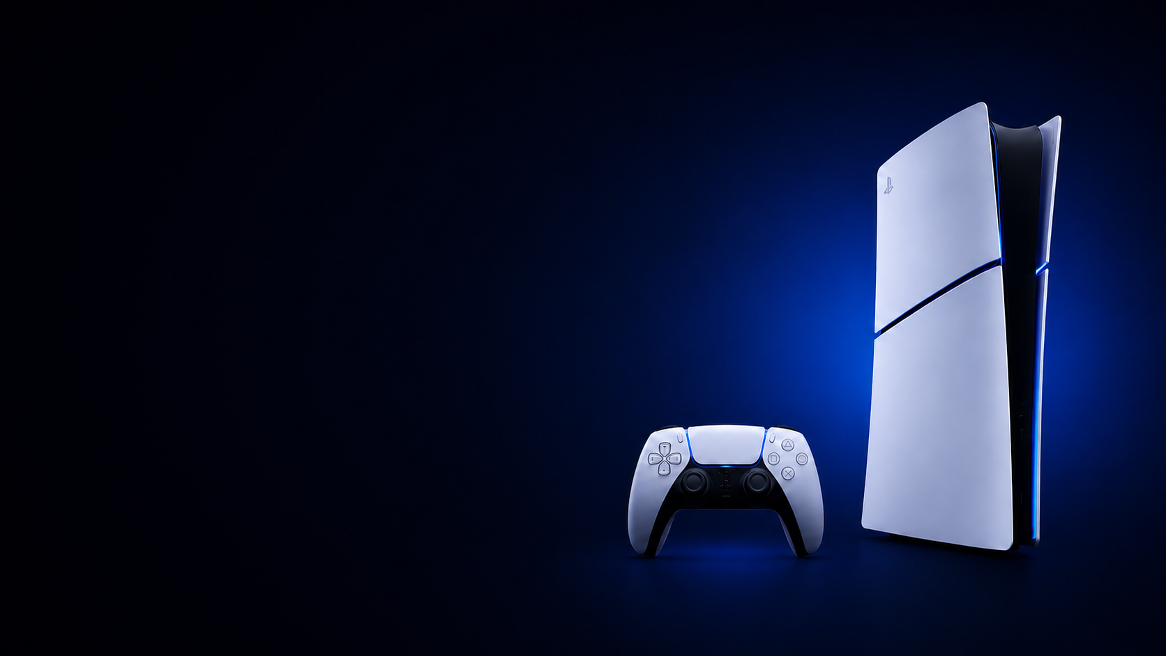 PlayStation collection desktop hero banner with PlayStation 5 with cinematic blue lighting and premium gaming atmosphere