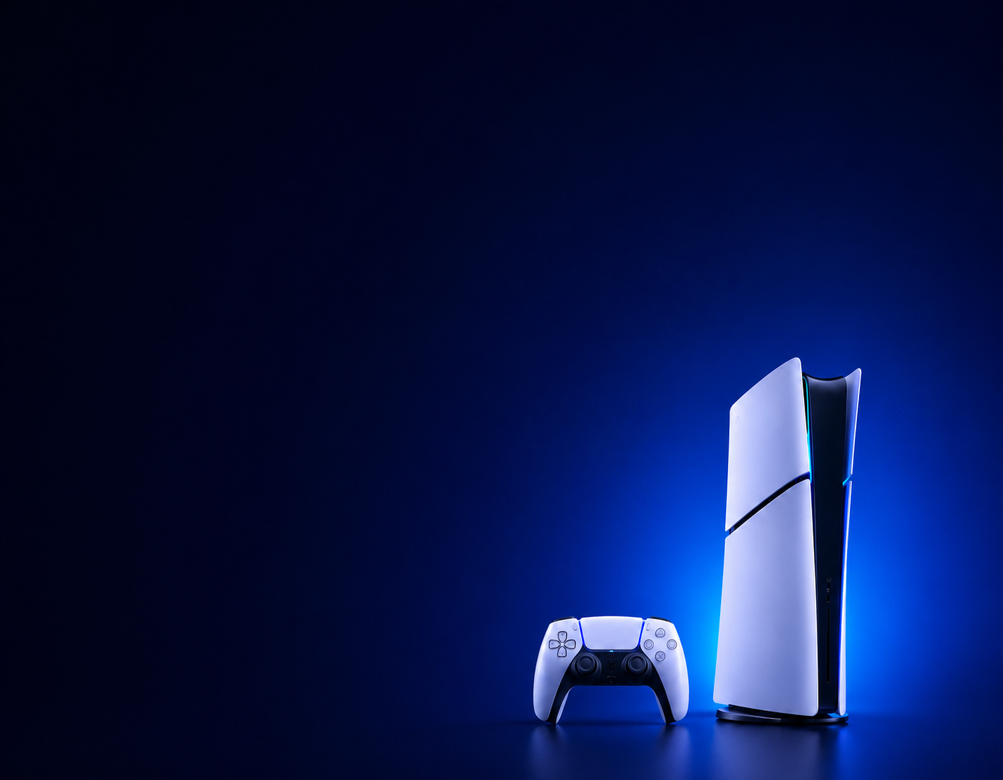 PlayStation mobile hero banner featuring PlayStation 5 with cinematic blue lighting and gaming atmosphere
