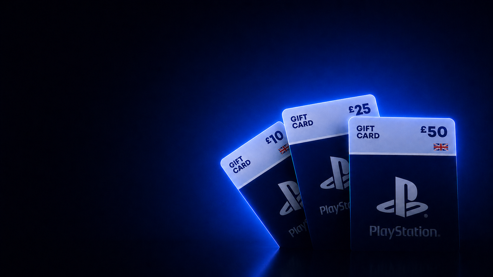 PlayStation Network digital gift cards hero image with cinematic blue lighting and gaming atmosphere