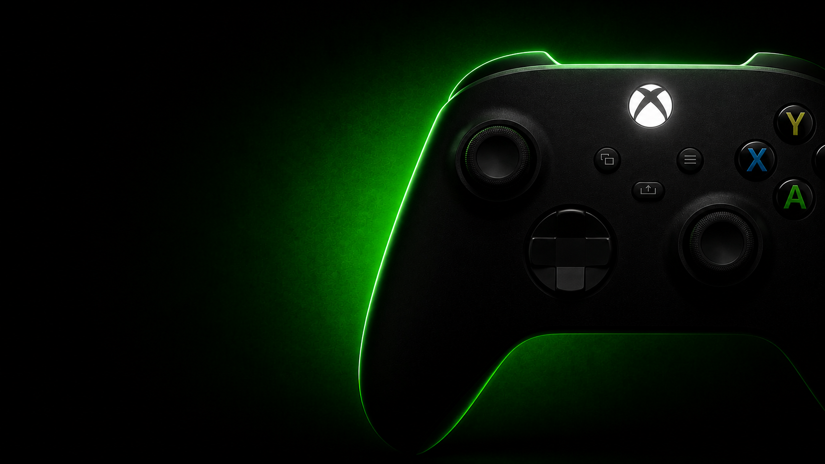 Xbox accessories hero image with Xbox wireless controller in cinematic green lighting and premium gaming atmosphere