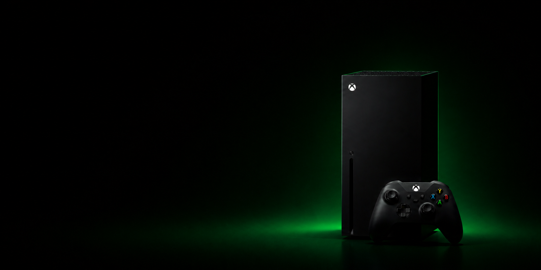 Xbox hero banner with Xbox Series X with cinematic green lighting and futuristic gaming atmosphere