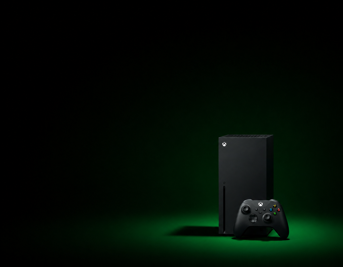 Xbox mobile hero banner featuring Xbox Series X with cinematic green lighting and gaming atmosphere