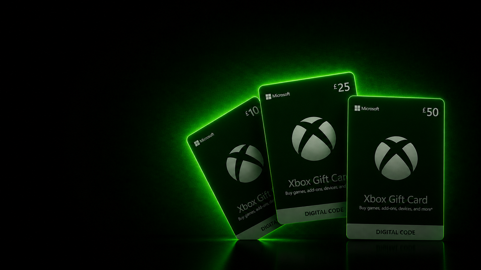 Xbox digital gift cards hero image with cinematic green lighting and premium gaming atmosphere