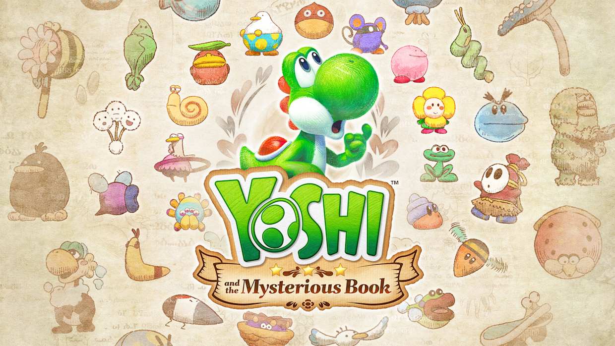 Yoshi and various characters from 'Yoshi and the Mysterious Book' on a beige background