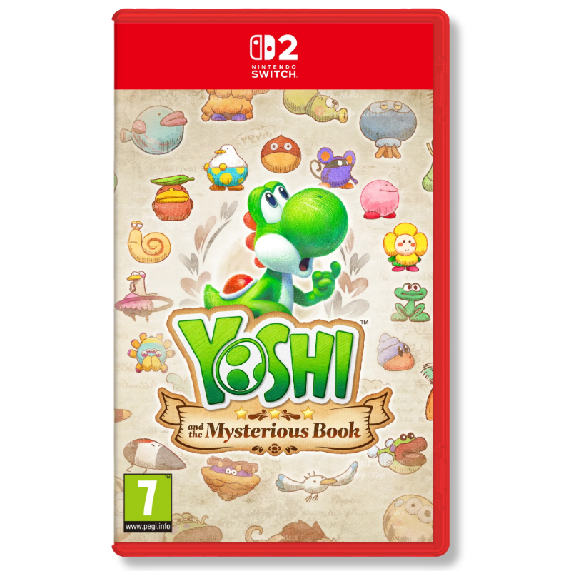 Yoshi and the Mysterious Book Nintendo Switch 2 game cover featuring Yoshi surrounded by colourful storybook characters and creatures.