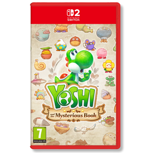 Yoshi and the Mysterious Book Nintendo Switch 2 game cover featuring Yoshi surrounded by colourful storybook characters and creatures.